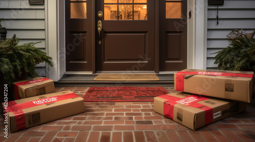 Delivered parcels on door mat near entrance.