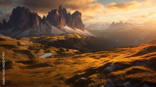 Sunrise Serenity in the Dolomites: A High-Resolution Capture of Grazing Sheep, Majestic Mountain Peaks, and Mystical Morning Mist under a Pastel Dawn Sky