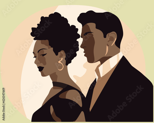 A couple in a romantic pose, elegant, dressed up in formal attire.