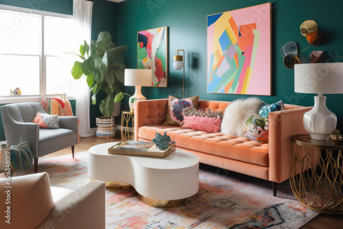 A colorful and eclectic living room inspired by mid-century modern design  with vintage pieces mixed with contemporary art and bold pops of color  generative AI 