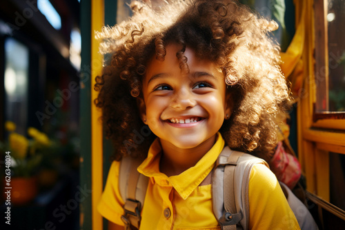 Back to school. Portrait of a cute dark-skinned boy in a yellow T-shirt and with a backpack, who goes to school on a school bus