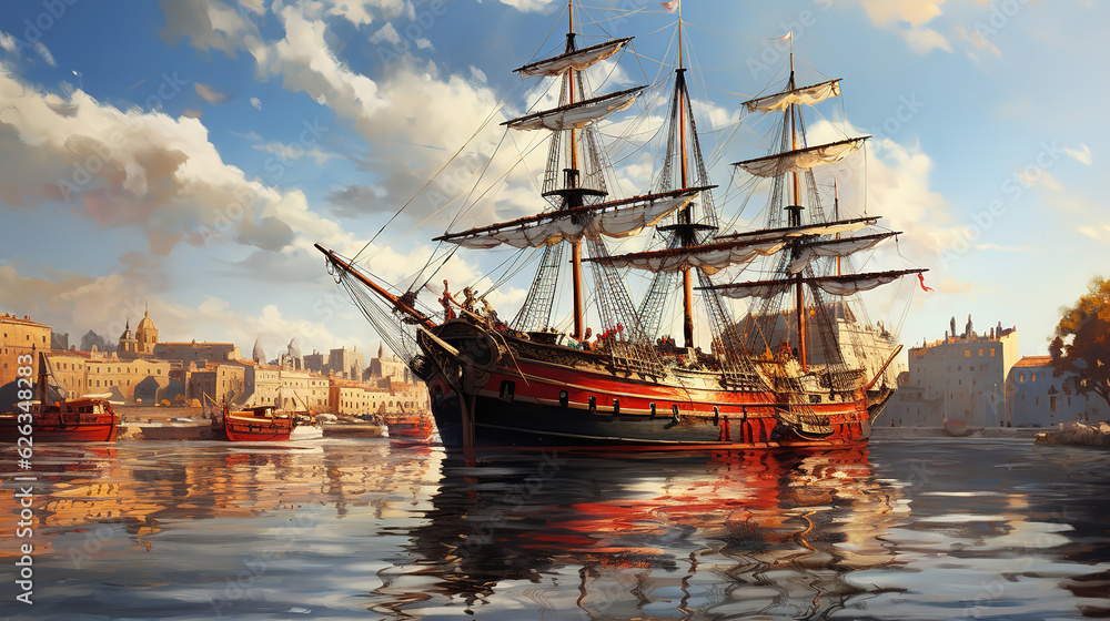 Galleon in the port of Valencia, Spain. Generative Ai