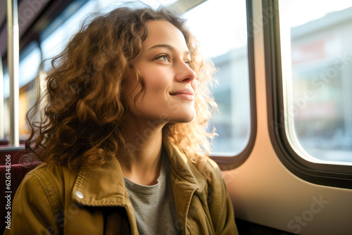Pensive young woman, happily gazing out the window during her morning commute on an urban light rail train, expressing gratitude © MVProductions