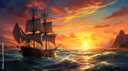 Old ship in sea sunset, Bright color. Generative Ai