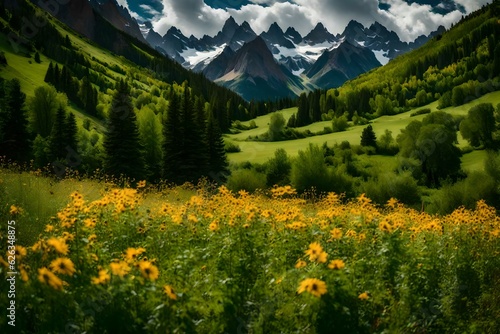 Alpine meadow in the mountains. Beautiful mountains and meadow view.