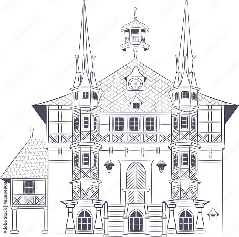 Obraz premium Black and white drawing of the old town hall in Wernigerode. Germany.