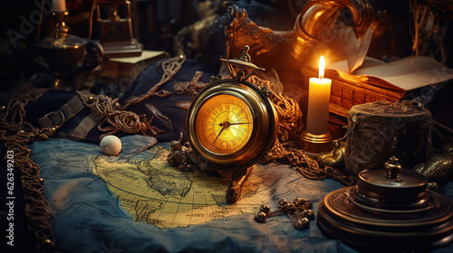 Exploration, adventure and treasure hunting concept, Vintage map, old lamp, chest. Generative Ai