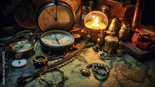 Aged antique nautical compass and hand holding magnifying glass. Generative Ai