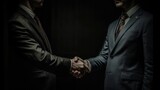 two businessman handshake isolated on a black background. successfully negotiate. handshake. two businessman shake hand with partner to confirm business deal. Made With Generative AI.
