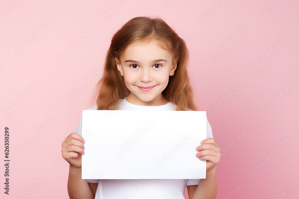Cute young school girl standing with a blank white placeholder sign isolated on a flat pink background with copy space. Cute young school girl standing with a blank white placeholder sign isolated on a flat pink background with copy space.