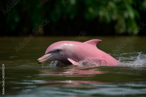 A Amazonian river dolphin emerges from the water. Generative AI photo