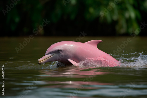 A Amazonian river dolphin emerges from the water. Generative AI