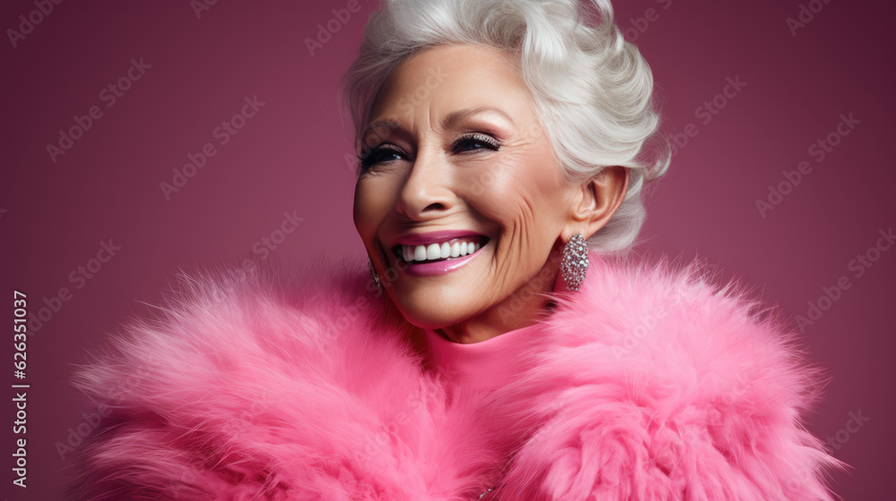 Happy and playful mature woman in stylish outfit on pink background. Happy and playful mature woman in stylish outfit on pink background.