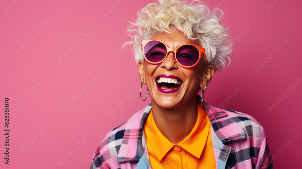 Happy and playful mature woman in stylish outfit on pink background. Happy and playful mature woman in stylish outfit on pink background.
