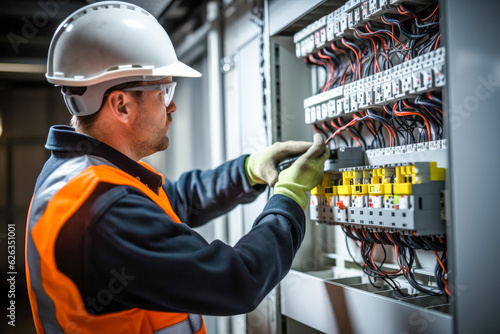 Male commercial electrician at work on a fuse box, adorned in safety gear, demonstrating professionalism photo