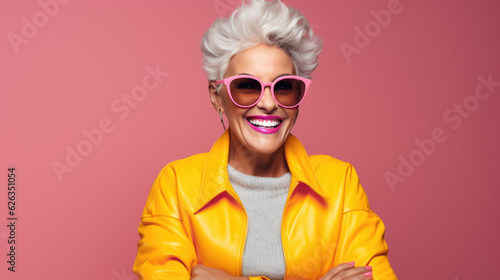 Happy and playful mature woman in stylish outfit on pink background.