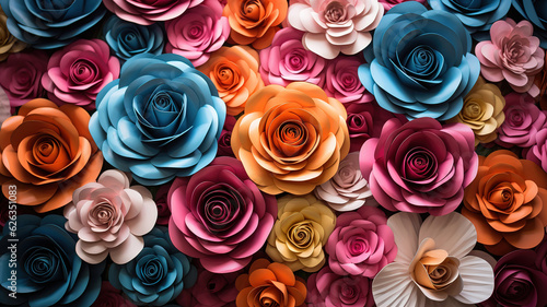 Backdrop of colorful paper roses. Generative Ai