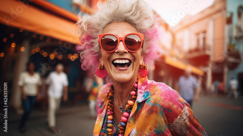 Happy and playful mature woman in stylish outfit on street background.