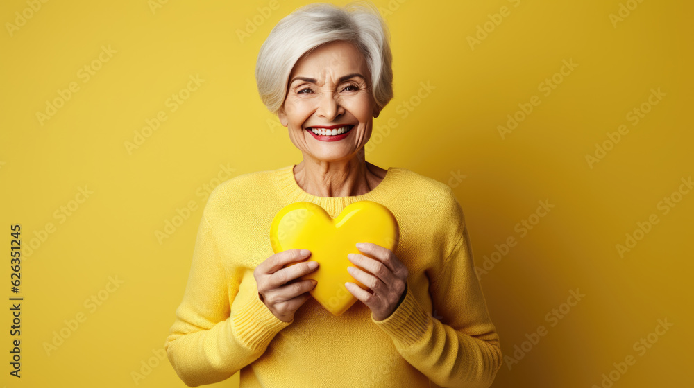 Mature woman in yellow sweater holding a heart on yellow background. Mature woman in yellow sweater holding a heart on yellow background.