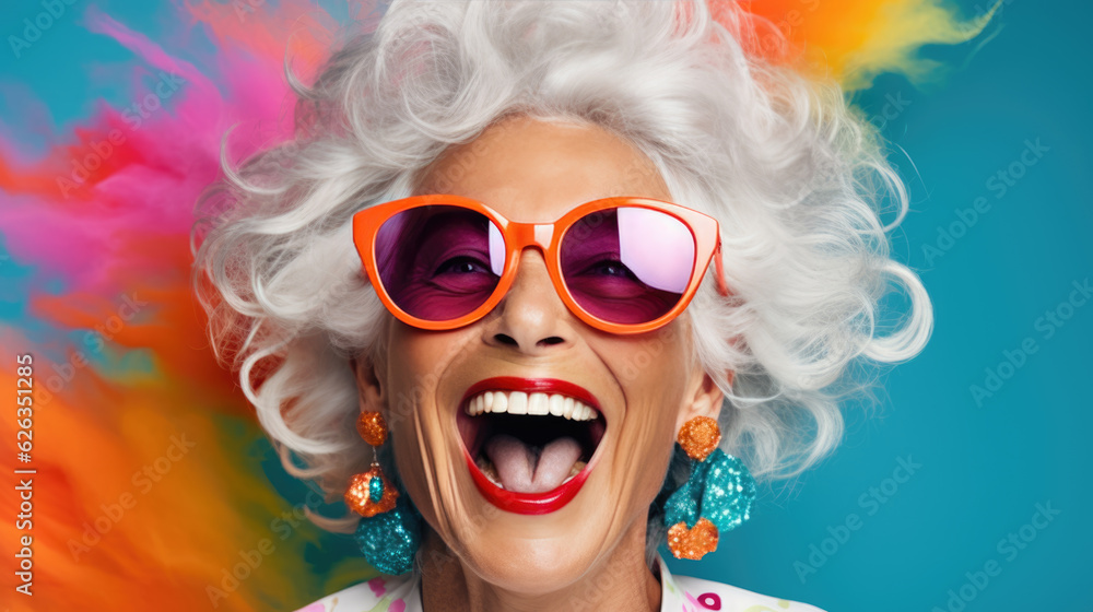Happy smiling mature woman on colorfull background.