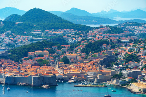 aerial view of the fortress and old city on the seashore and mountains, panorama of the resorts of Dubrovnik in Croatia, Adriatic sea, beaches, islands, tourism and summer traveling