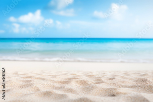 Close up of tropical sand beach with blue sky and white clouds background