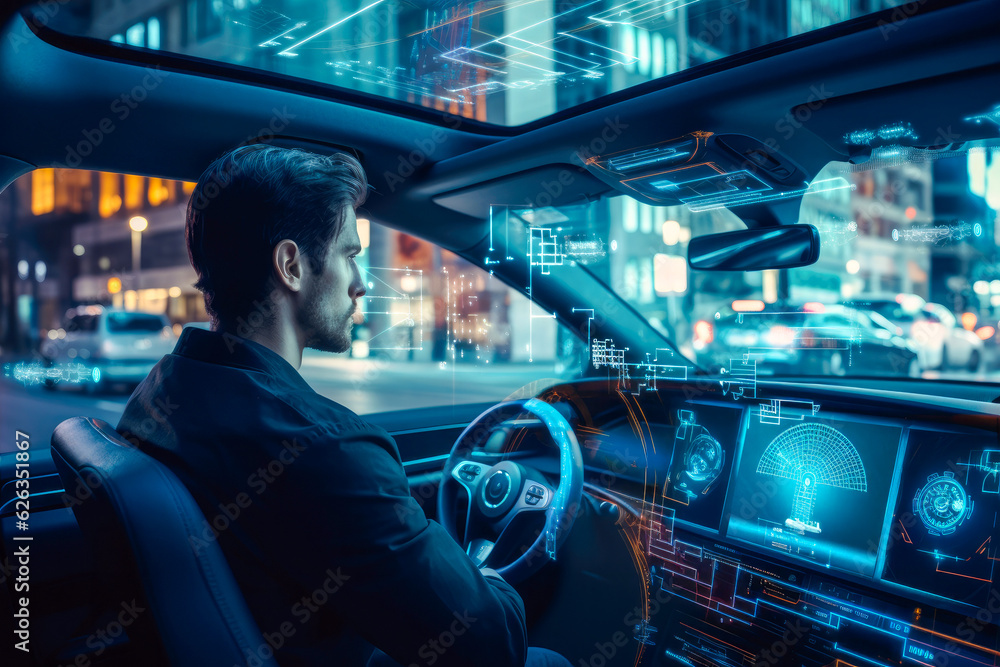 Male passenger in a self-driving car journey, showcasing the innovation of artificial intelligence in navigating city streets Male passenger in a self-driving car journey, showcasing the innovation of artificial intelligence in navigating city streets