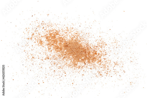 Pile ground, milled nutmeg powder isolated on white, top view 