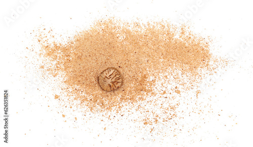 Pile ground, milled nutmeg powder isolated on white, top view  photo