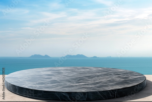 Empty black marble stone table top with sea view background. For product display