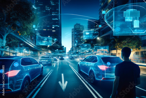 Self-driving car journey, showcasing the innovation of artificial intelligence in navigating city streets