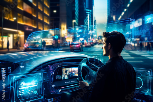 Male passenger in a self-driving car journey, showcasing the innovation of artificial intelligence in navigating city streets