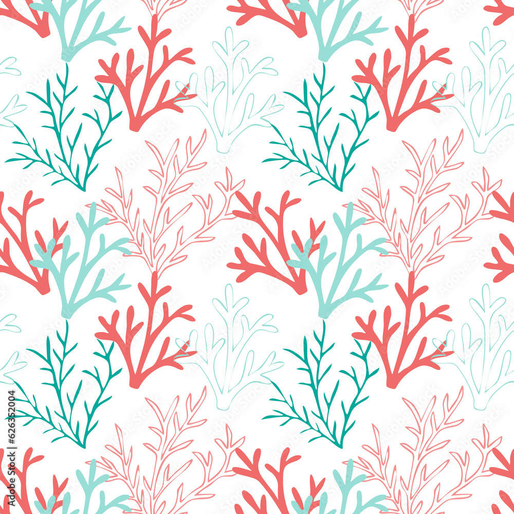 Red, pink and mint corals on a white background. Vector seamless pattern with tropical reef. Sea doodles Red, pink and mint corals on a white background. Vector seamless pattern with tropical reef. Sea doodles