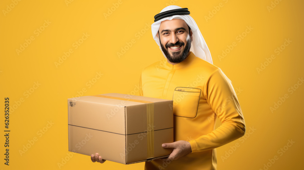 Arabic Delivery employee in yellow clothes holding a cardboard box with a parcel on a yellow background. Generative ai, Generative, ai, illustration, Arabic Delivery employee in yellow clothes holding a cardboard box with a parcel on a yellow background. Generative ai, Generative, ai, illustration,