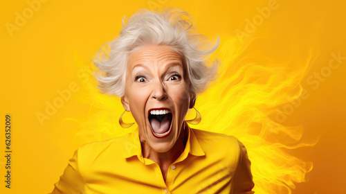 An elderly woman screams against a yellow background. © MP Studio