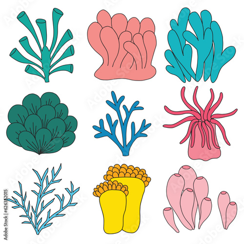 Vector set of corals. Bright nautical elements isolated on white background. Beautiful underwater flora and fauna stickers. sea ​​corals hand drawn