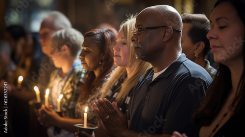 Group of people during prayer in a church.