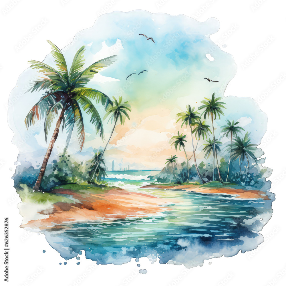 Ocean Breeze Delight Feel the refreshing summer vibes in this watercolor artwork of palm trees and a stunning beach backdrop. AI Generation