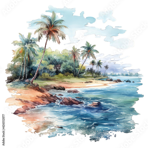 Island Paradise Immerse yourself in the beauty of this watercolor masterpiece, featuring a palm tree paradise on a serene beach. AI Generation