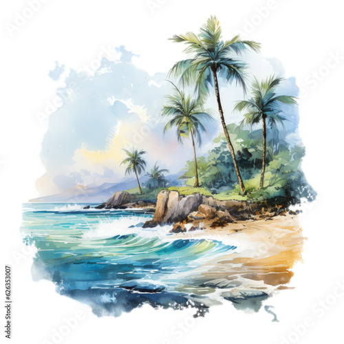 Seaside Enchantment Get enchanted by this watercolor artwork, capturing the allure of palms, the beach, and the sea. AI Generation