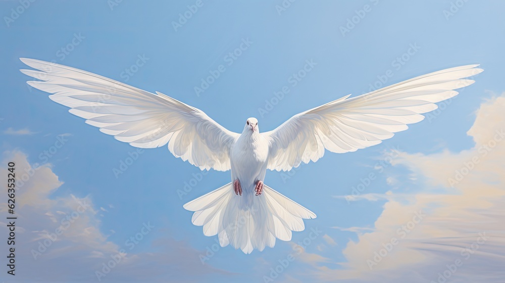 Obraz premium Holy Spirit, White dove flying in the sky, God's radiance, Generative AI