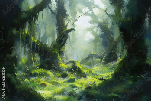 Old forest with moss covered trees and stones. Digital painting with hazy atmosphere.