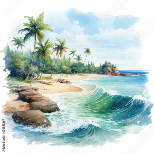 Serene Summer Getaway A charming watercolor painting featuring swaying palms  a beautiful beach  and the tranquil ocean sea. AI Generation