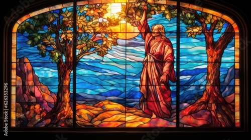 Stained glass window of Jesus, Jesus in heaven, God's light, Generative AI