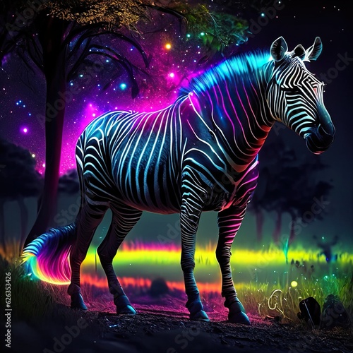 Zebra in the night forest  3d rendering. Computer digital drawing. Generative AI