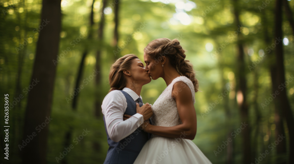 Portrait of a happy same-sex lgbt couple kissing during their wedding. Created with Generative AI technology. Portrait of a happy same-sex lgbt couple kissing during their wedding. Created with Generative AI technology.