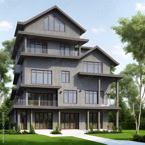 Outdoor exterior modern house 3D illustration display. Realistic 3d house. Mock-up house 3d