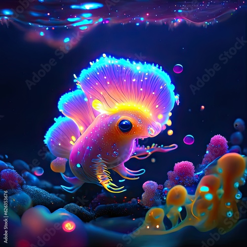 Illustration of an aquarium fish in neon light on a dark background AI Generated
