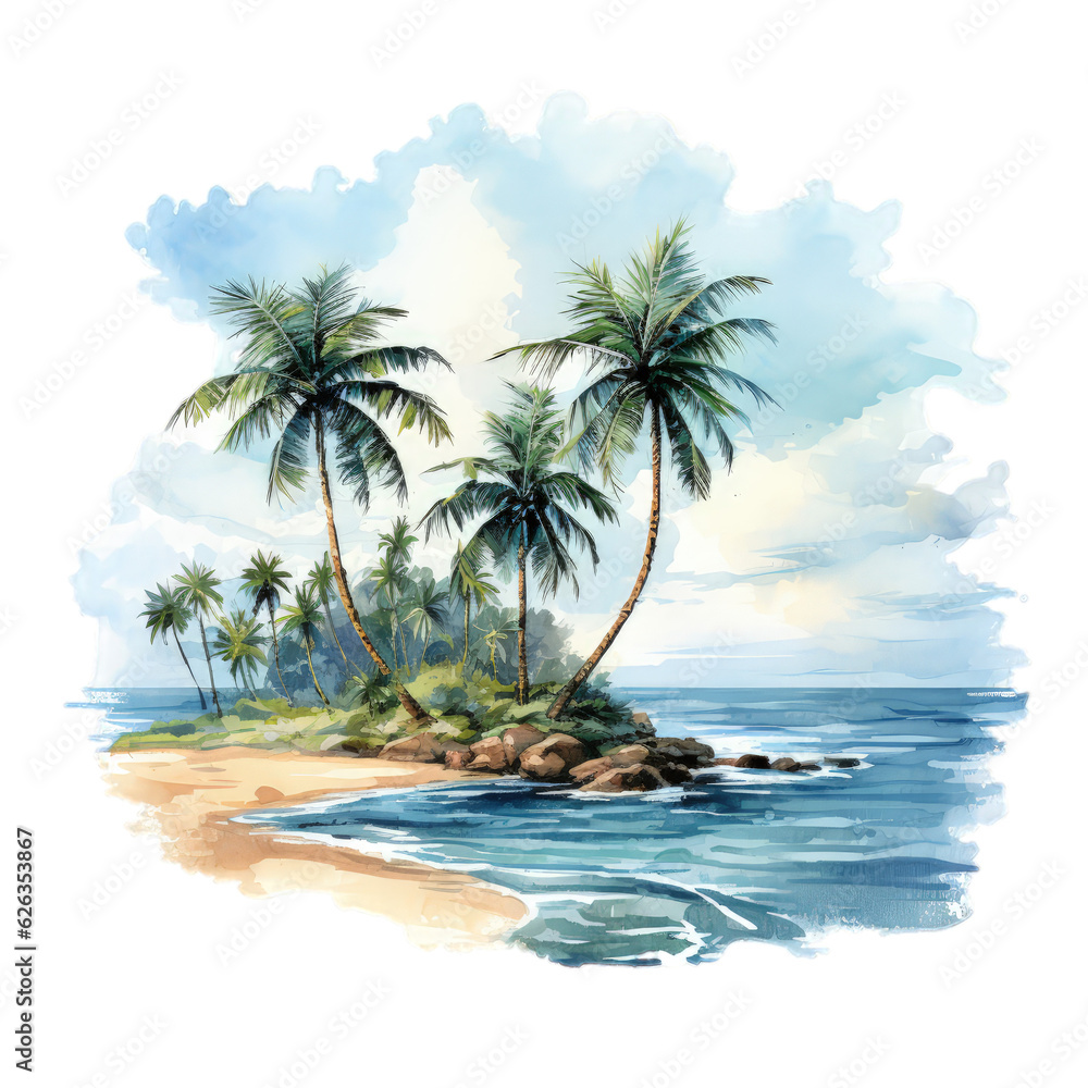 Coastal Escape Get whisked away to a coastal paradise with this watercolor painting of palm trees and the glistening ocean. AI Generation