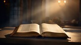 Open Christian book on a wooden table, open bible, Generative AI